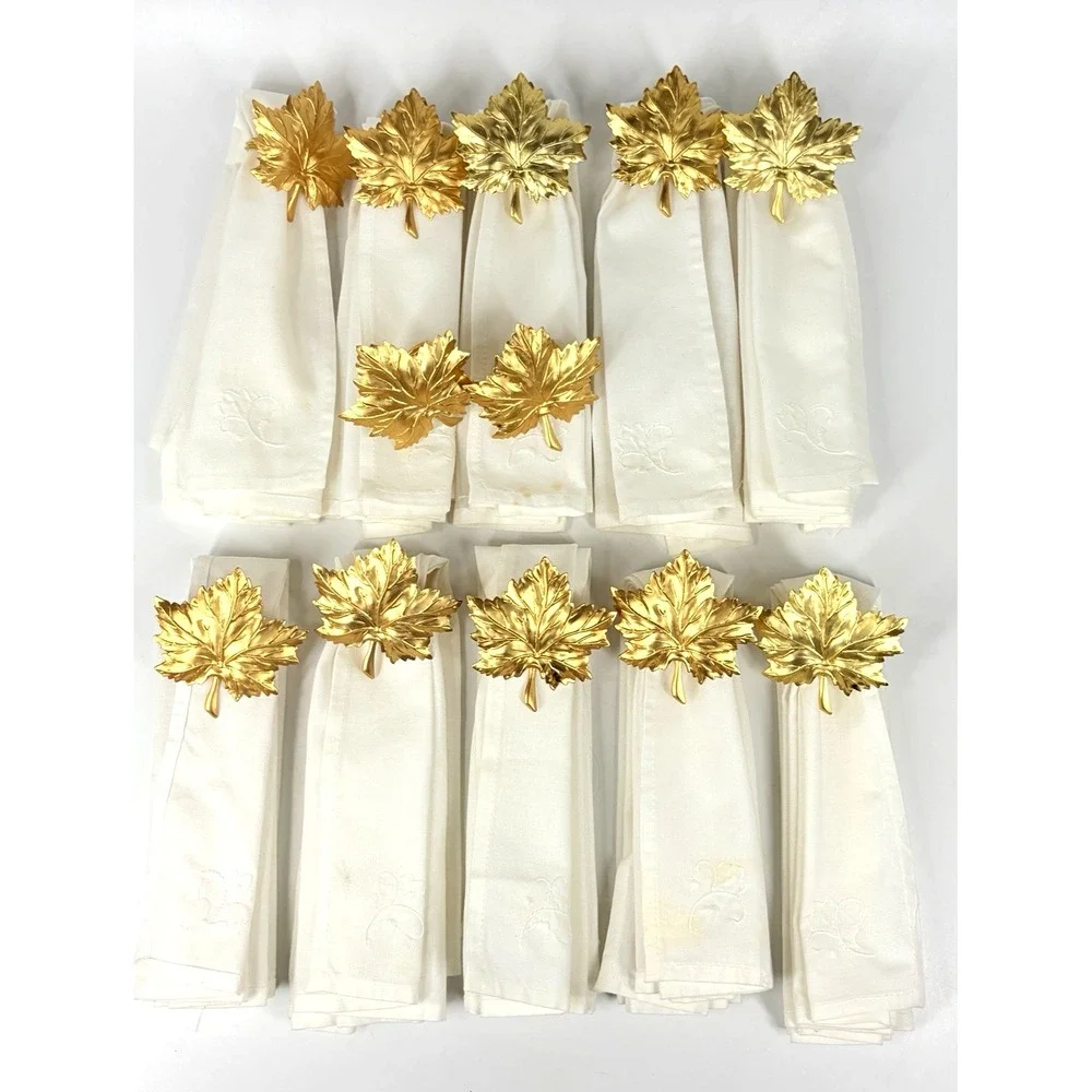 Gold Tone Metal Maple Leaf Napkin Rings 12 Pc Fall Autumn w/ Embroidered Linens